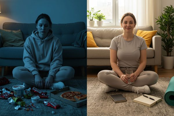 Emotionales Essen – Frau sitzt am Boden, Hypnose Melanie Kolkhorst Lübbecke für Selbstkontrolle, Ruhe und gesundes Essverhalten